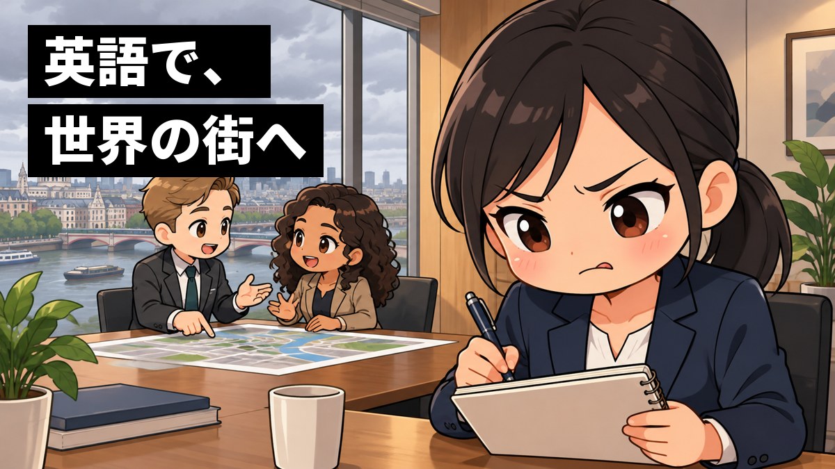 ロンドンの会社の会議室で、スーツの若い日本人の女性社員が、英語で言いたいことがうまく出てこず、悔しそうに唇をかみ、手元のノートを握りしめている。奥では外国人の同僚が話している。「英語で、世界の街へ」の文字。