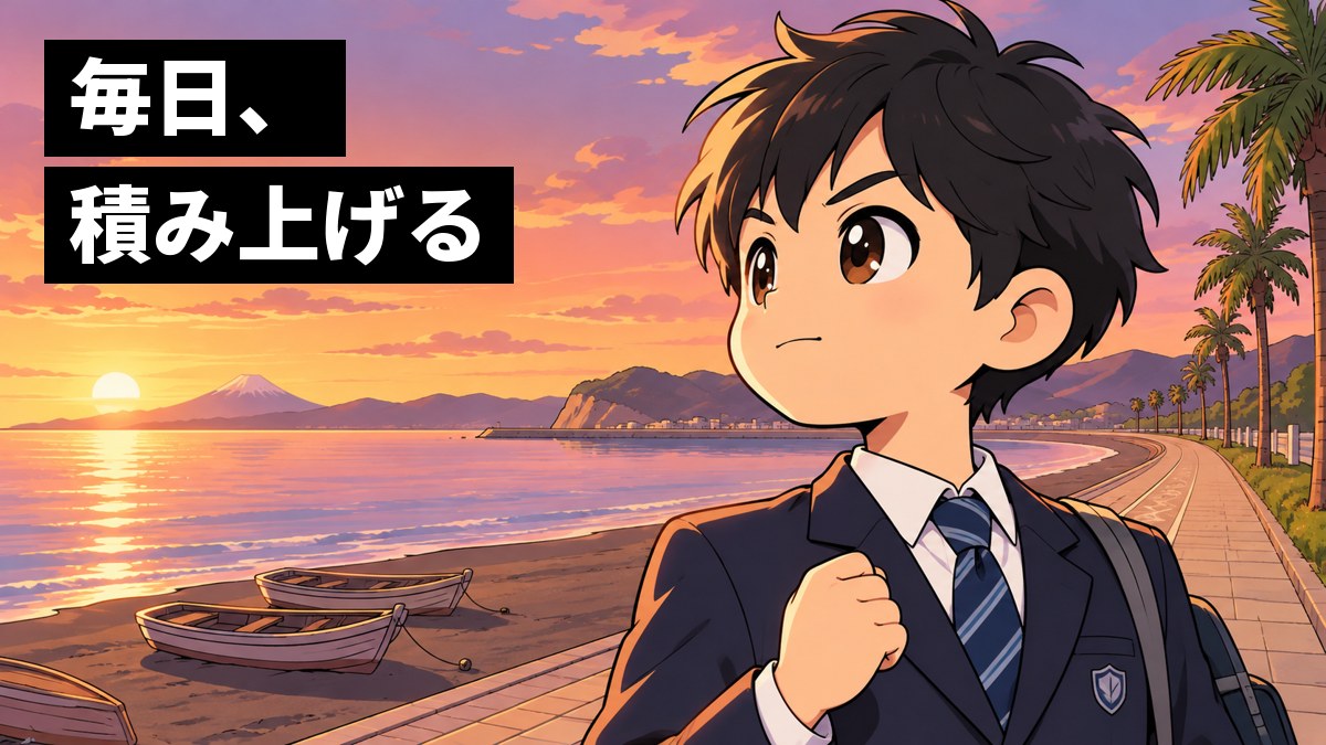 館山の北条海岸の遊歩道で、制服の中学生の男の子が、夕日に染まる海と遠くの富士山の方を見すえ、拳をぎゅっと握って胸を張っている。「毎日、積み上げる」の文字。