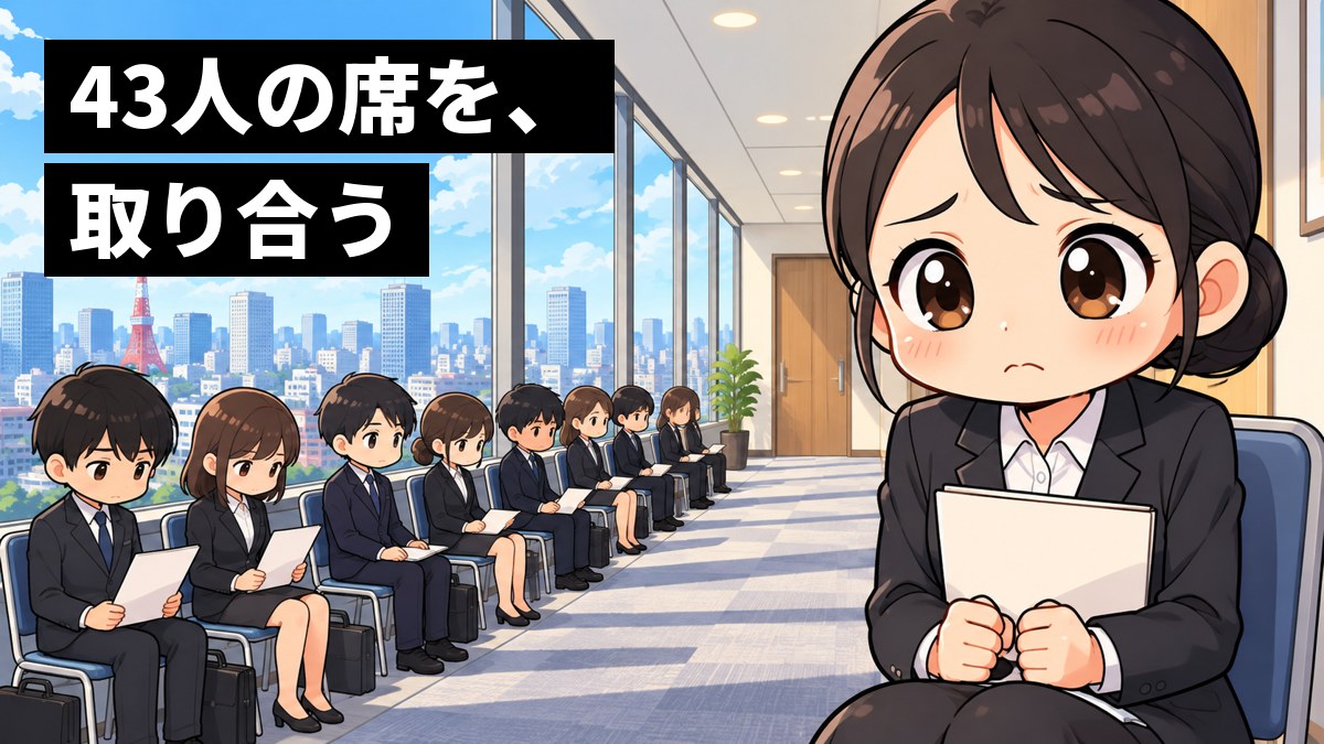 会社の面接の待合の廊下で、リクルートスーツの女子大学生が、ずらりと並ぶほかの学生たちの中で、不安そうに両手を握りしめて順番を待っている。「43人の席を、取り合う」の文字。