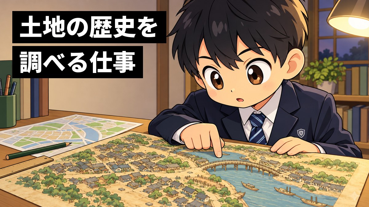 家の机で、制服の男子中学生が江戸時代の町の絵地図と今の地図を並べて広げ、夢中になってのぞきこんでいる。「土地の歴史を調べる仕事」の文字。