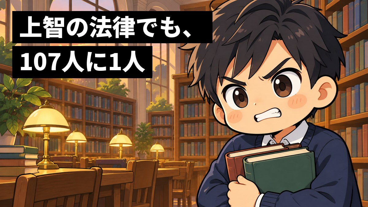 大学の図書館の本棚の間で、男子大学生が厚い本を抱え、悔しそうに歯を食いしばっている。「上智の法律でも、107人に1人」の文字。