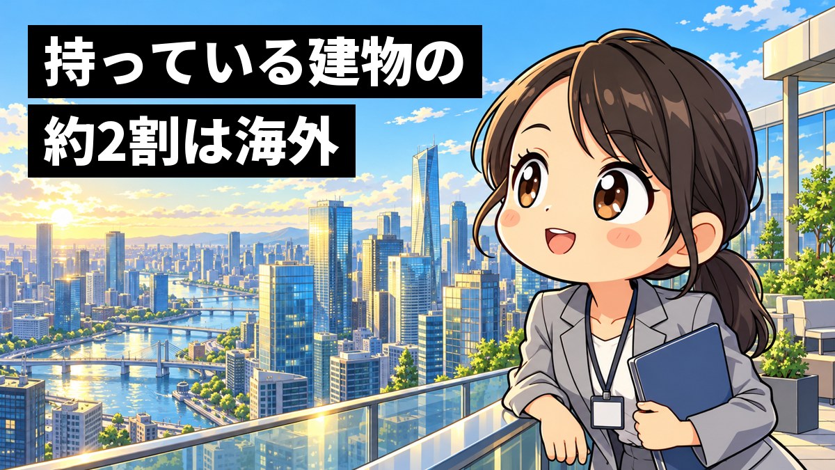海外の高層ビル街を見下ろす屋上テラスで、スーツの若い女性社員が目を輝かせて身を乗り出している。「持っている建物の約2割は海外」の文字。