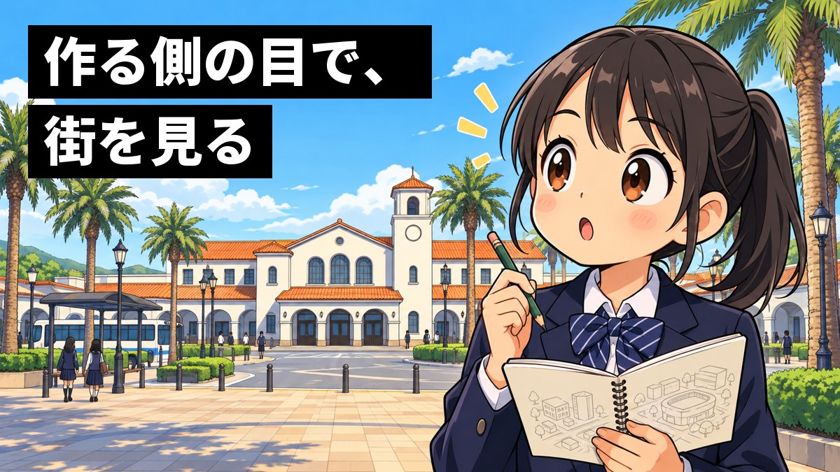 館山駅の駅前で、制服の女子中学生がノートを手に広場を見回し、何かひらめいてハッと目を見開いている。「作る側の目で、街を見る」の文字。