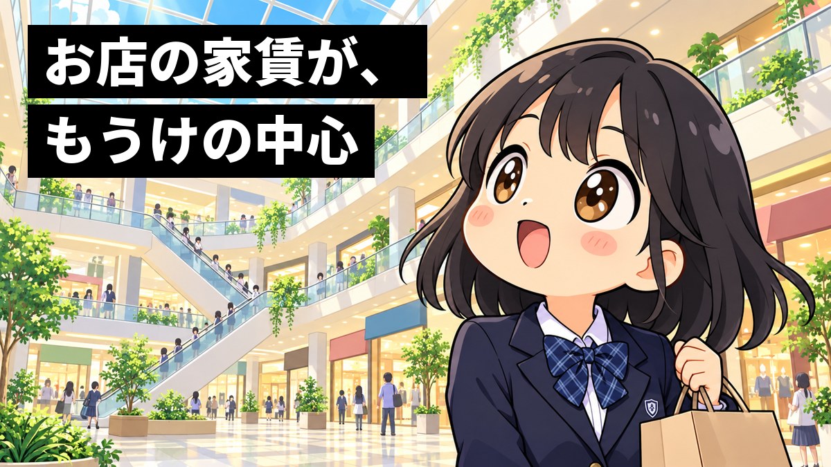 制服の女子中学生が、大きなショッピングモールの吹き抜けで、ショッピングバッグを持ったまま天井を見上げ、目を丸くして驚いている。「お店の家賃が、もうけの中心」の文字。