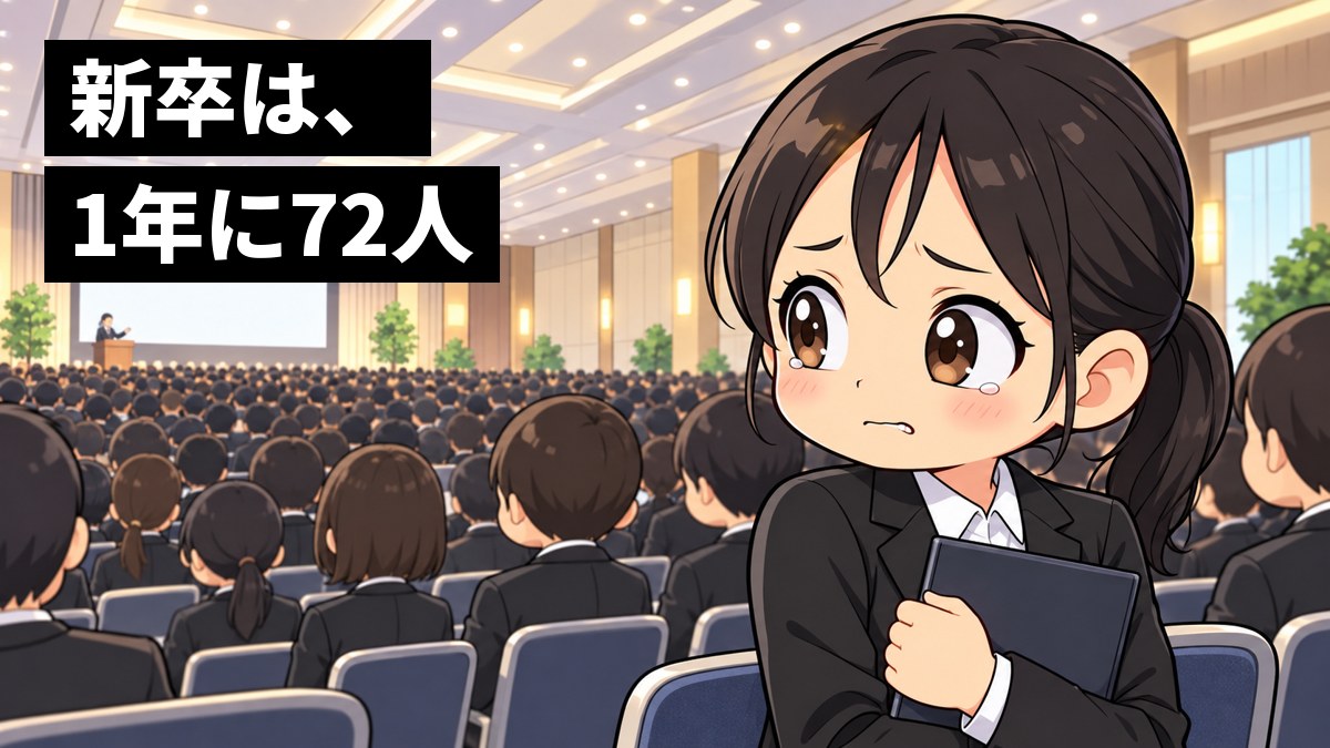 就活スーツの大学生があふれる会社説明会の会場で、女子大学生が不安そうに唇をかみ、肩をすくめている。「新卒は、1年に72人」の文字。