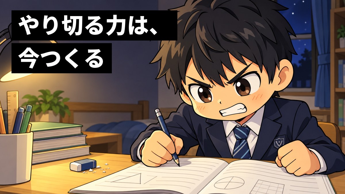 夜の勉強机で、制服の男子中学生が、問題集を前に悔しそうに歯を食いしばり、鉛筆を強く握りしめている。「やり切る力は、今つくる」の文字。