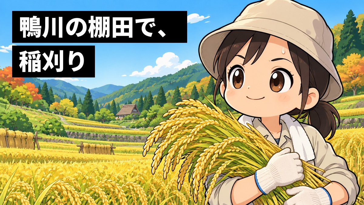 秋の晴れた日の山あいの棚田で、作業着に麦わらではない布の帽子をかぶった若い女性社員が、黄金色の稲の束を抱え、汗をかきながら夢中で刈り取っている。「鴨川の棚田で、稲刈り」の文字。