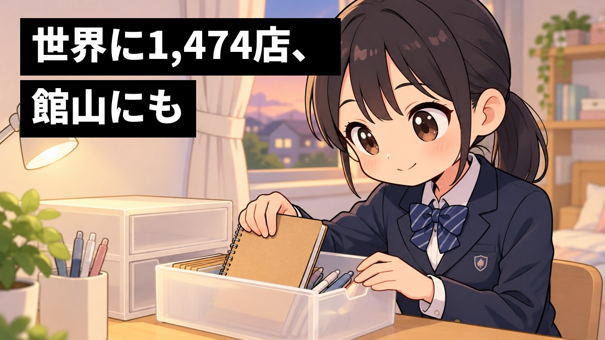 自分の部屋の机で、制服の女子中学生が、白い半透明の収納ケースに無地のノートやペンを夢中で並べている。「世界に1,474店、館山にも」の文字。