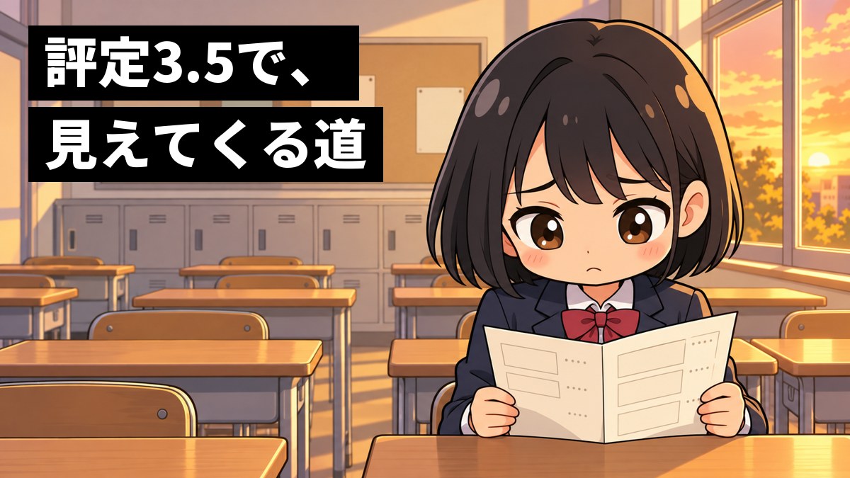 放課後の高校の教室で、紺のブレザーの女子高校生が、自分の席で開いた通知表を見つめ、少し肩を落としている。窓の外は夕焼け。「評定3.5で、見えてくる道」の文字。