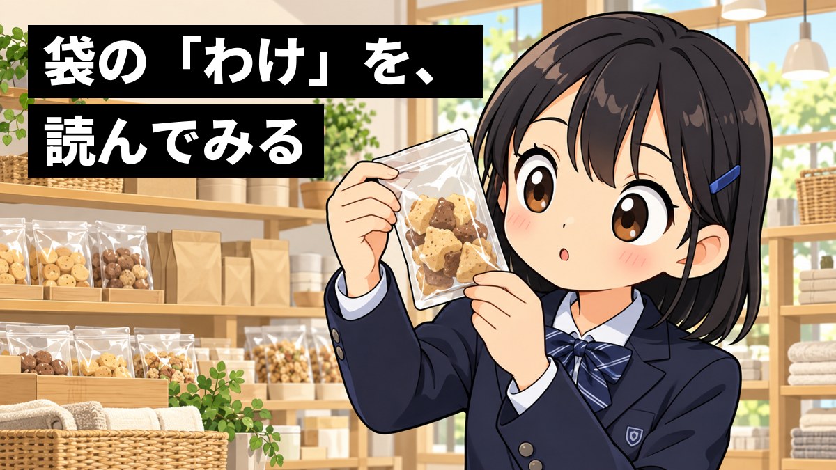 落ち着いた生活雑貨の店の棚の前で、制服の女子中学生が、透明な袋に入ったお菓子を手に取り、興味しんしんで見入っている。「袋の『わけ』を、読んでみる」の文字。