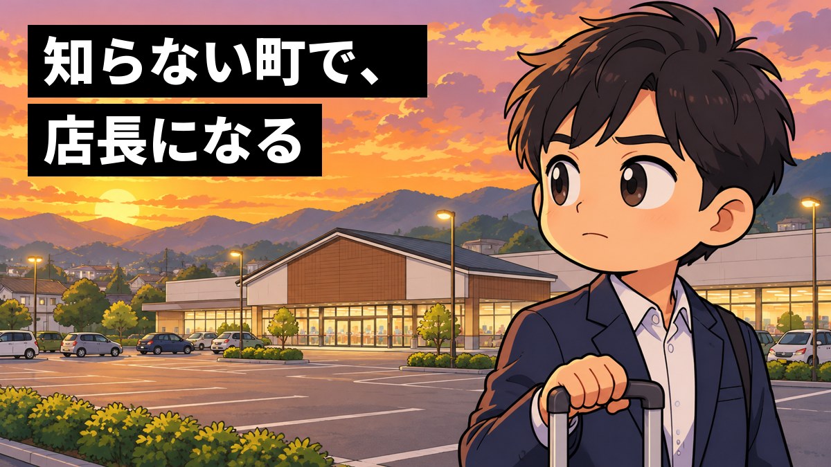 夕方の地方の町で、大きなスーパーの隣にある落ち着いた色の店の前に、スーツケースを持った若い男性社員が立ち、少し心細そうに口をきゅっと結んでいる。「知らない町で、店長になる」の文字。
