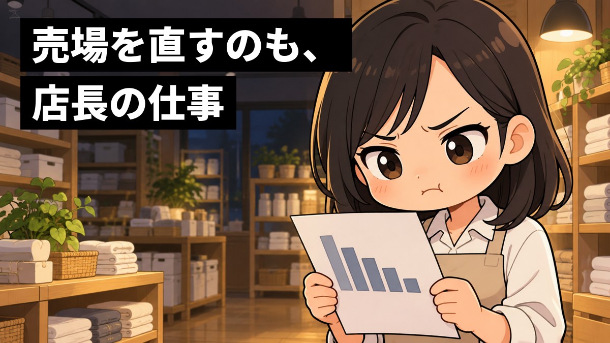 閉店後の静かな生活雑貨の店で、ベージュのエプロンの若い女性店長が、売上のグラフが書かれた紙を手に、悔しそうに眉を寄せている。「売場を直すのも、店長の仕事」の文字。