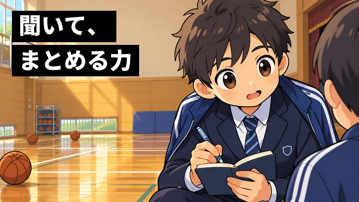 放課後の体育館で、制服の上にジャージを羽織った中学生の部長が、後輩の話を身を乗り出して聞き、小さなメモ帳に書きとめている。「聞いて、まとめる力」の文字。