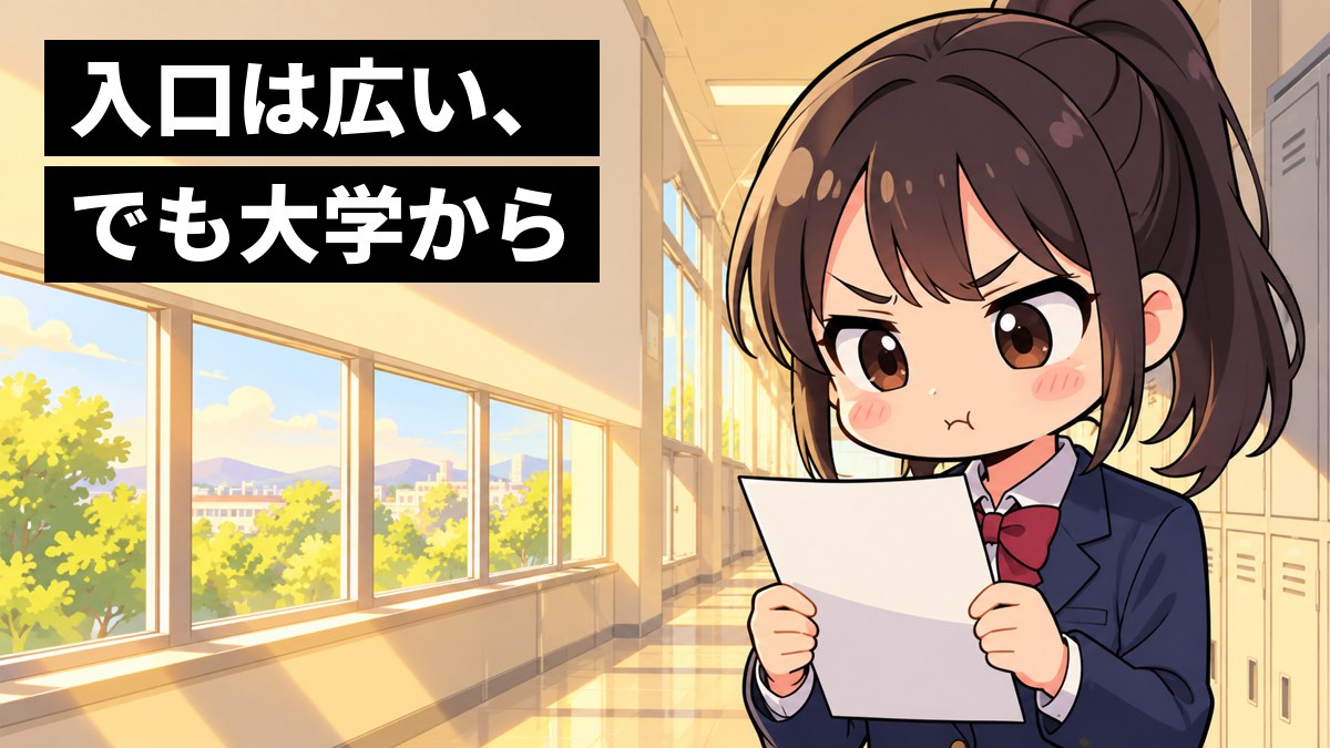 放課後の高校の廊下で、紺のブレザーの女子高校生が、返ってきた答案を両手で持ち、納得がいかないようにむっとしてにらんでいる。「入口は広い、でも大学から」の文字。