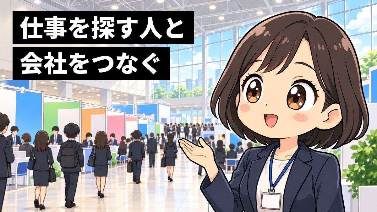 大きな展示会場の合同企業説明会で、スタッフの名札をつけた紺のジャケットの若い女性社員が、たくさん並んだ会社のブースと行き交う就活生の後ろ姿を見渡して、目を輝かせている。「仕事を探す人と会社をつなぐ」の文字。