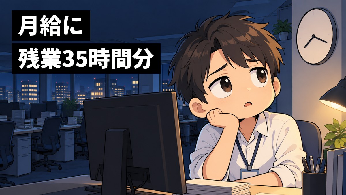 夜の誰もいないオフィスで、シャツの袖をまくった若い男性社員が、デスクに肘をついて壁の時計を見上げ、疲れた顔でため息をついている。「月給に残業35時間分」の文字。