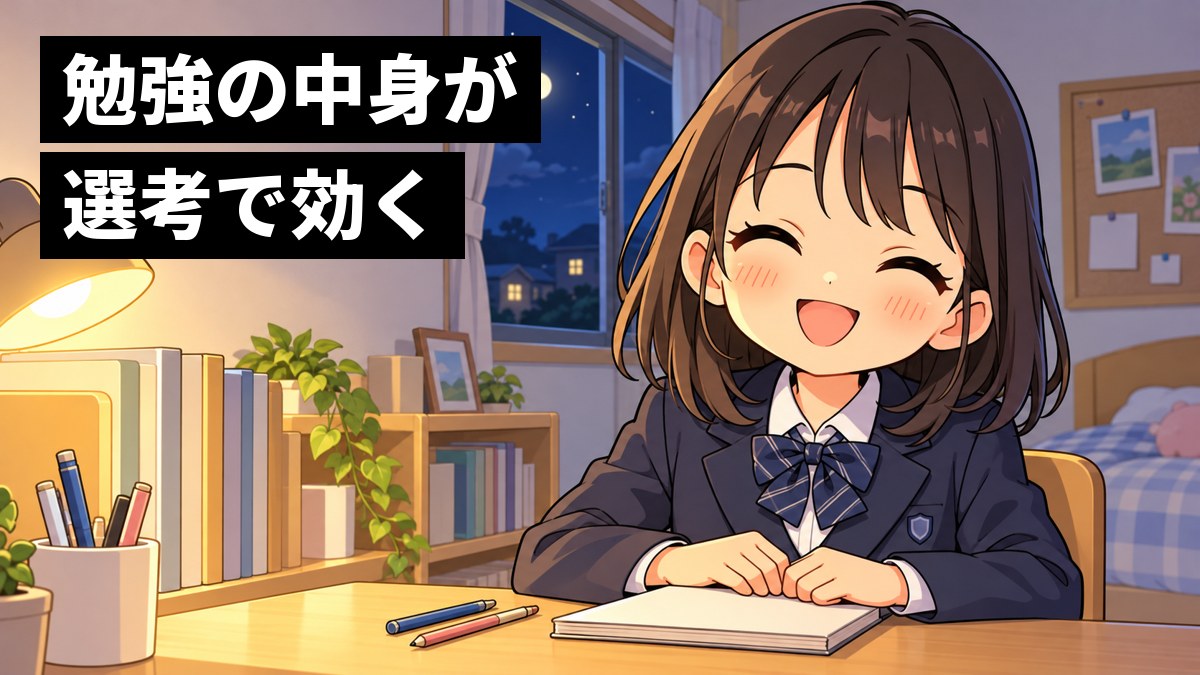 夜の自分の部屋の机で、制服の中学生がテスト勉強をやり切り、ノートを閉じて満足そうに笑っている。「勉強の中身が選考で効く」の文字。
