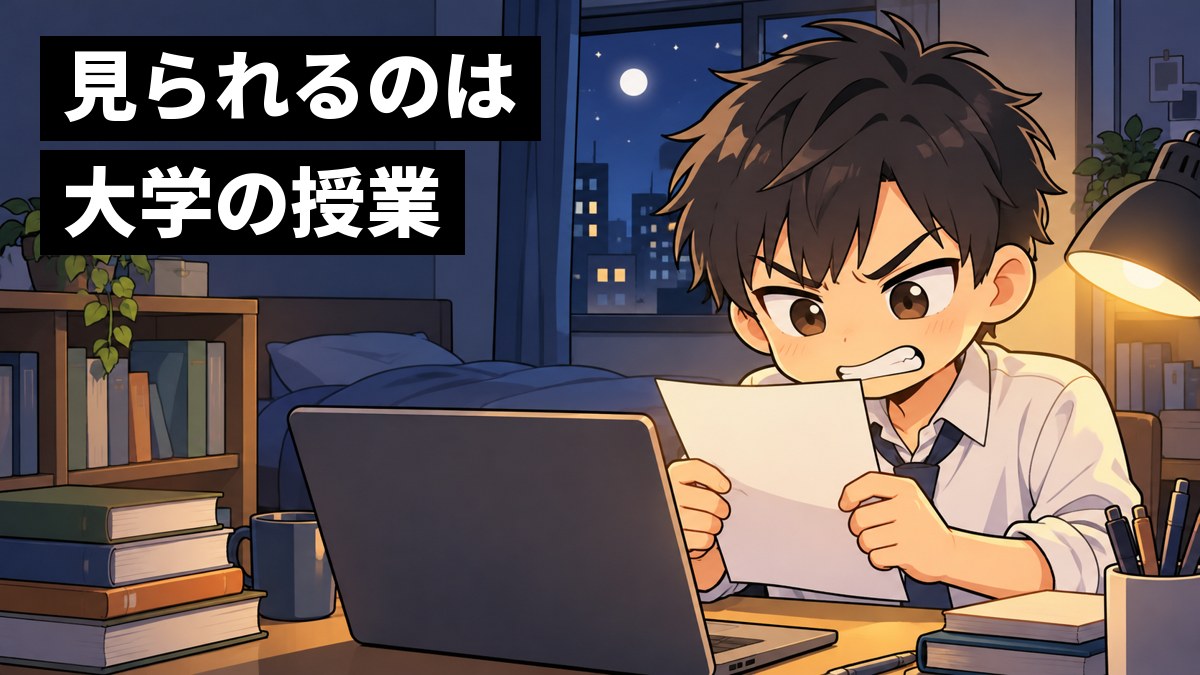 夜の大学生のワンルームで、就活のスーツのシャツ姿の男子大学生が、ノートパソコンの前で成績の紙を握りしめ、悔しそうに歯を食いしばっている。「見られるのは大学の授業」の文字。