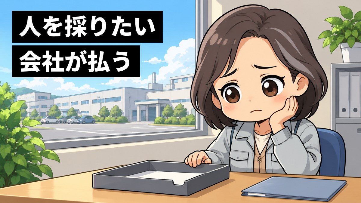 町の工場の事務所で、作業着の上にカーディガンを着た40代の女性の採用担当者が、応募の少ない書類のトレーを前に、眉を下げて途方にくれている。「人を採りたい会社が払う」の文字。