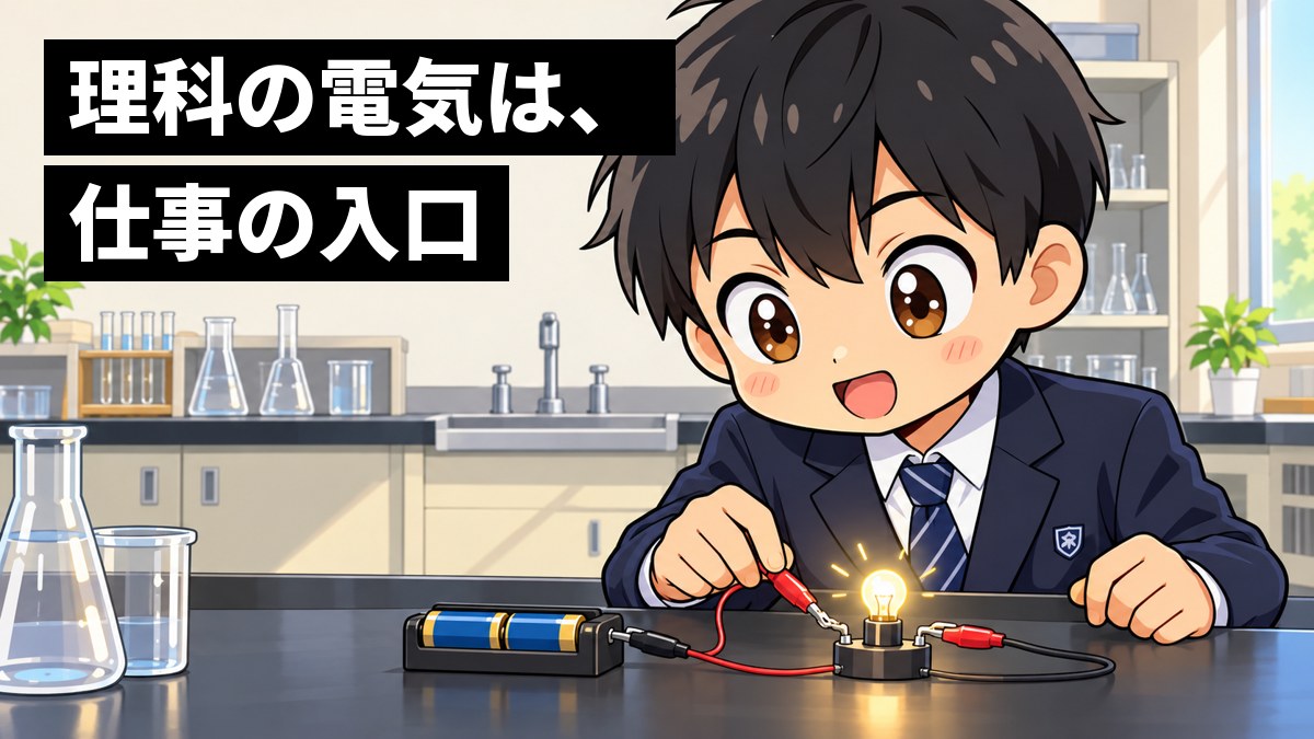 理科室で、制服の男子中学生が乾電池と豆電球の回路をつなぎ、電球が光った瞬間に身を乗り出して夢中になっている。「理科の電気は、仕事の入口」の文字。