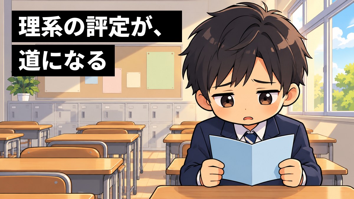 高校の教室で、ブレザーの男子高校生が自分の席で通知表を開き、思ったより低い評定にしょんぼりと肩を落としている。「理系の評定が、道になる」の文字。
