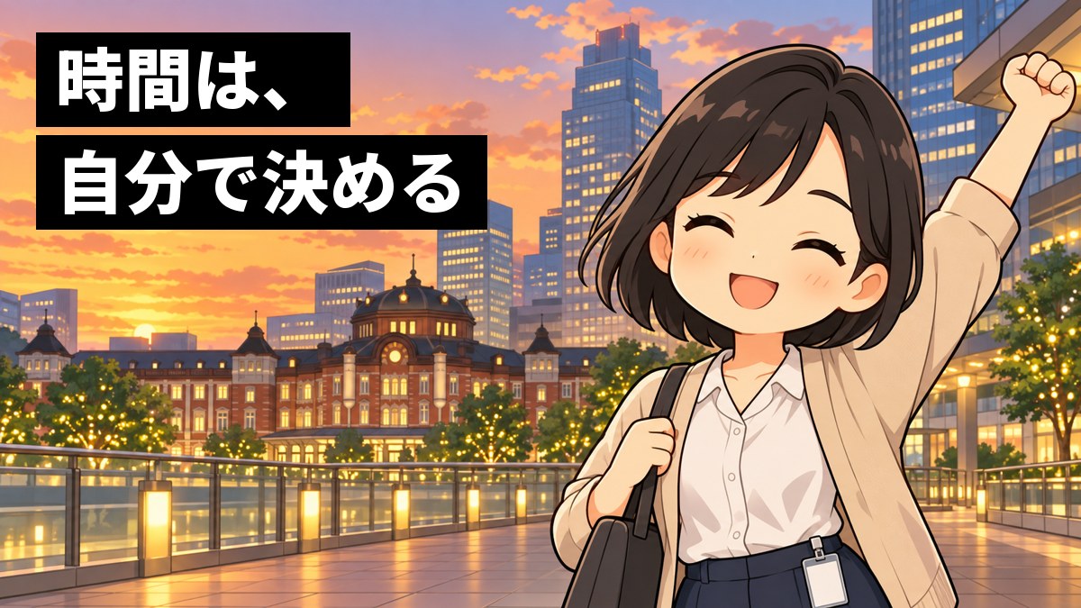夕方の東京の駅前の広場で、高いビルを背に、ビジネスカジュアルの若い女性社員がノートパソコンの入ったかばんを肩にかけ、晴れやかにほほえんでいる。「時間は、自分で決める」の文字。
