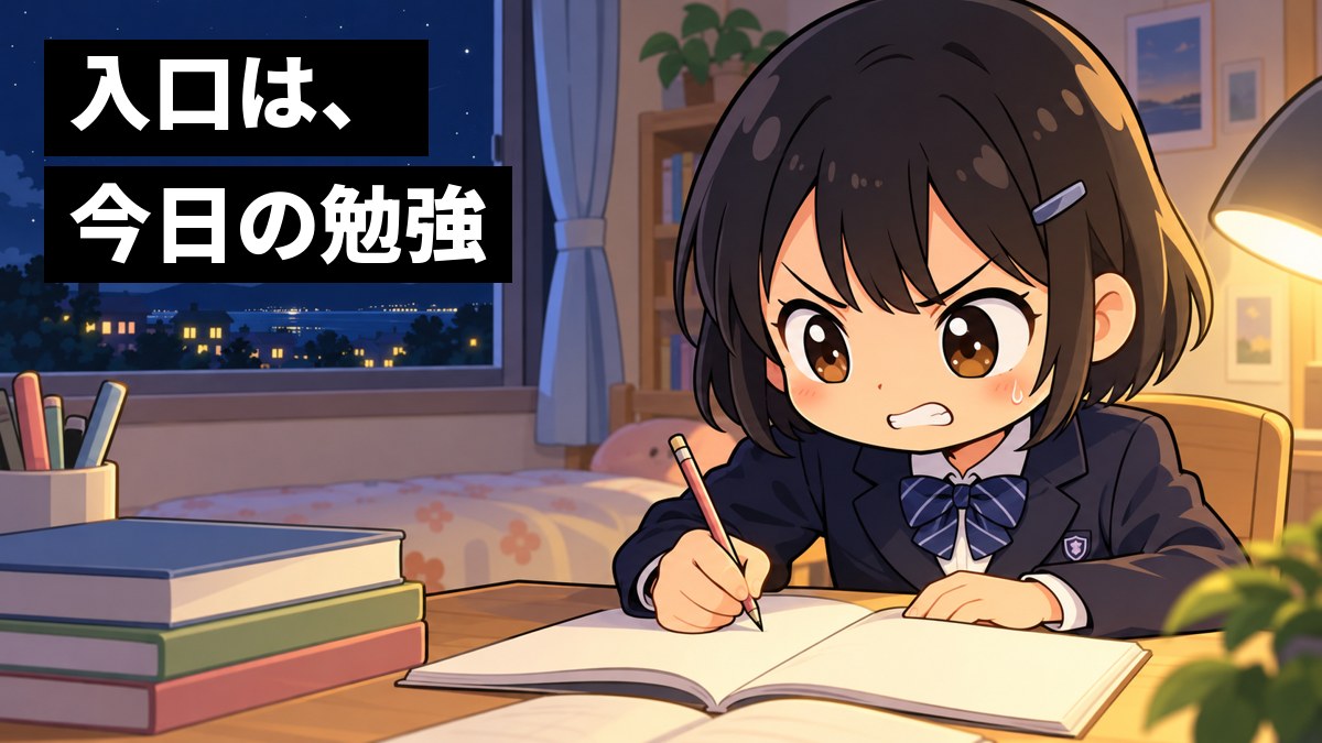 夜の自分の部屋で、制服の女子中学生が机に向かい、窓の外の星空を背に、難しい問題に歯を食いしばって鉛筆を握っている。「入口は、今日の勉強」の文字。