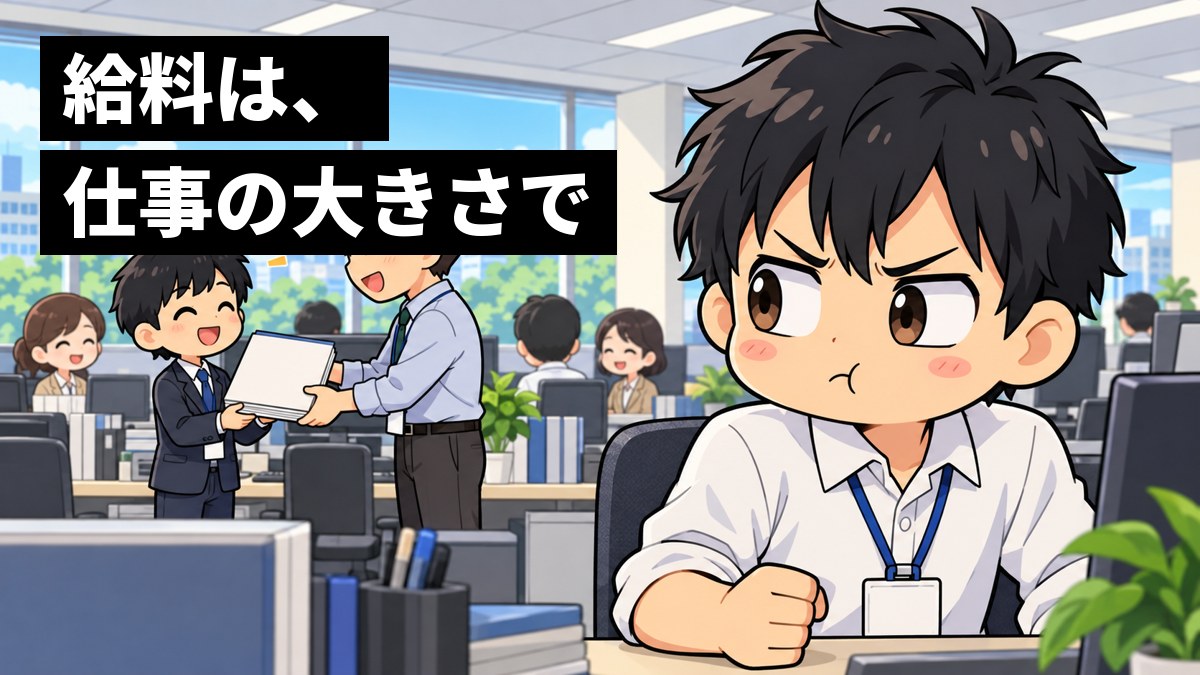 オフィスの机で、新入社員の男性が、離れた所で先輩から大きな仕事を任されて胸を張る同期を見て、悔しそうに口をとがらせ、こぶしを握っている。「給料は、仕事の大きさで」の文字。
