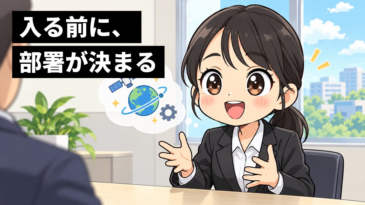 面接の部屋で、就活スーツの女子大学生が、やりたい仕事を身を乗り出して夢中で話している。頭の横に人工衛星と地球の吹き出し。「入る前に、部署が決まる」の文字。