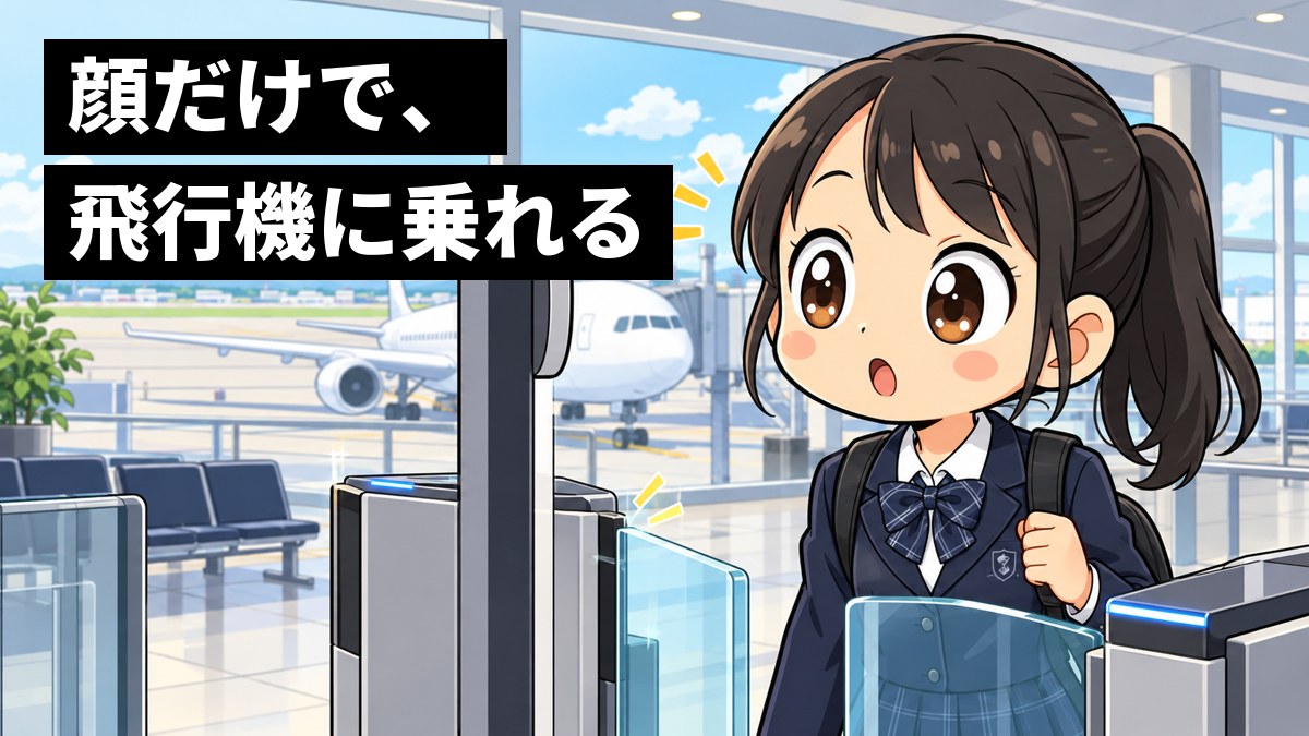 空港の搭乗口で、制服の女子中学生が顔認証のゲートの前に立ち、カメラに顔を向けただけで扉が開いて、目を丸くして驚いている。「顔だけで、飛行機に乗れる」の文字。