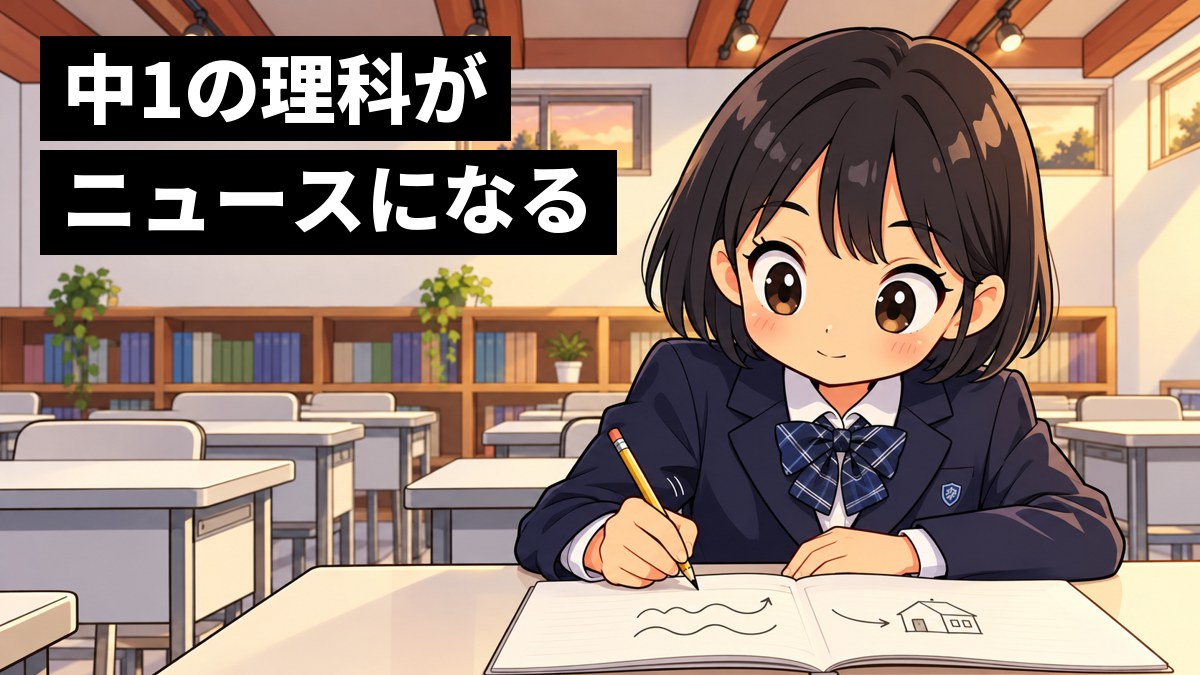 塾の教室で、制服の女子中学生が、ノートに地震の2つの波の絵と矢印を描きながら、ひらめいたように夢中で書き込んでいる。「中1の理科がニュースになる」の文字。