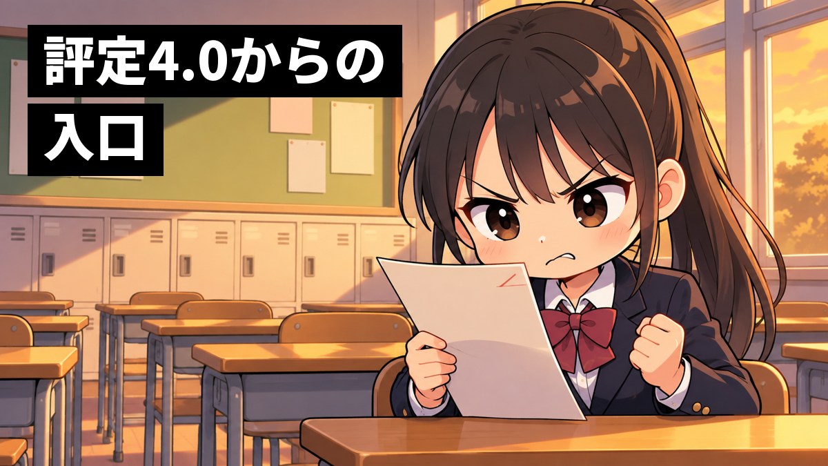 夕方の高校の教室の後ろの席で、女子高校生が返ってきた国語の答案を見て、くやしそうに口をへの字にしてこぶしを握っている。「評定4.0からの入口」の文字。