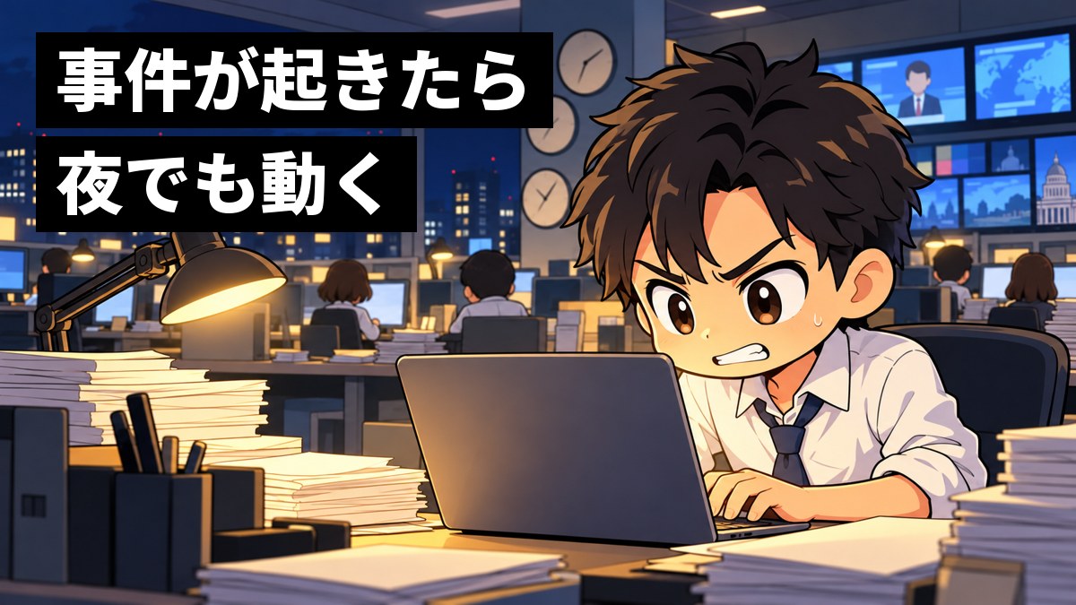 夜の報道の部屋で、ワイシャツの若い男性の記者が、締め切りに追われて歯を食いしばりながらノートパソコンで原稿を書いている。「事件が起きたら夜でも動く」の文字。