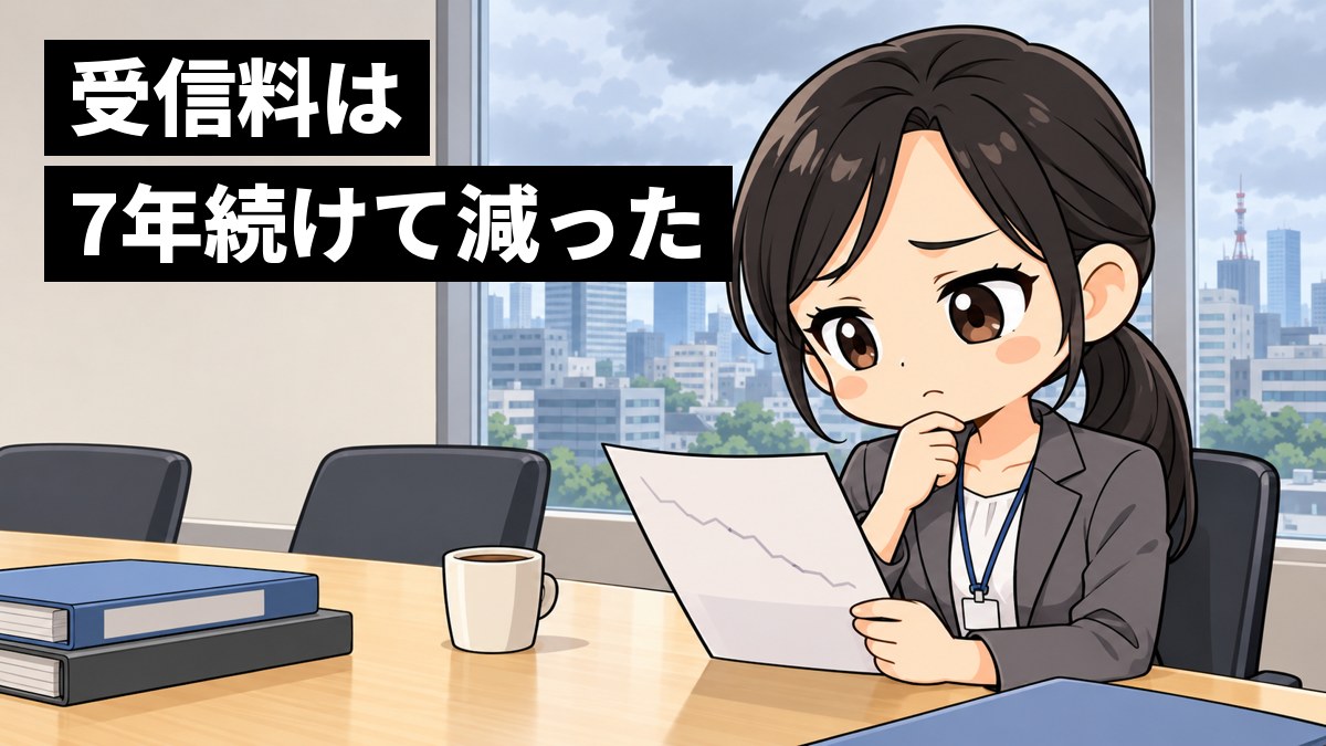 会議室で、スーツの若い女性の職員が、下がっていく線のグラフの紙を見つめて、眉を下げて考え込んでいる。「受信料は7年続けて減った」の文字。