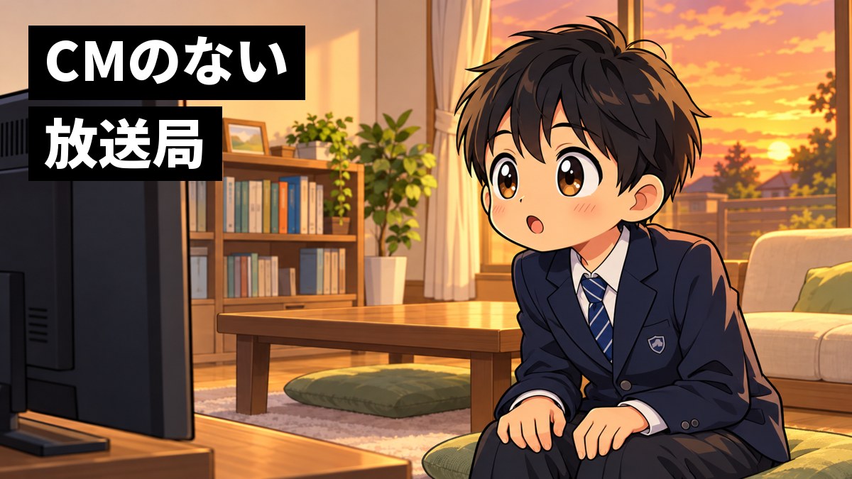 夕方の家の居間で、制服の男子中学生がテレビの番組に夢中になって身を乗り出している。「CMのない放送局」の文字。