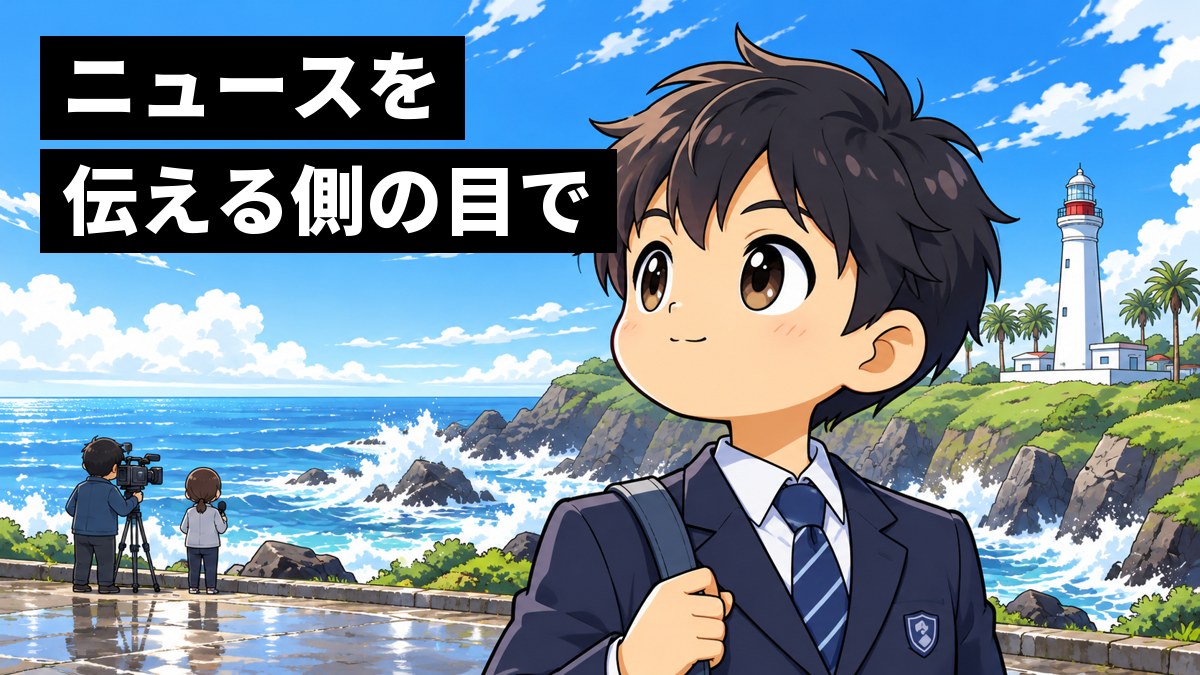 台風が去った朝の海辺の灯台の近くで、制服の男子中学生が晴れた空を見上げ、口を結んで静かに誇らしげにうなずいている。「ニュースを伝える側の目で」の文字。