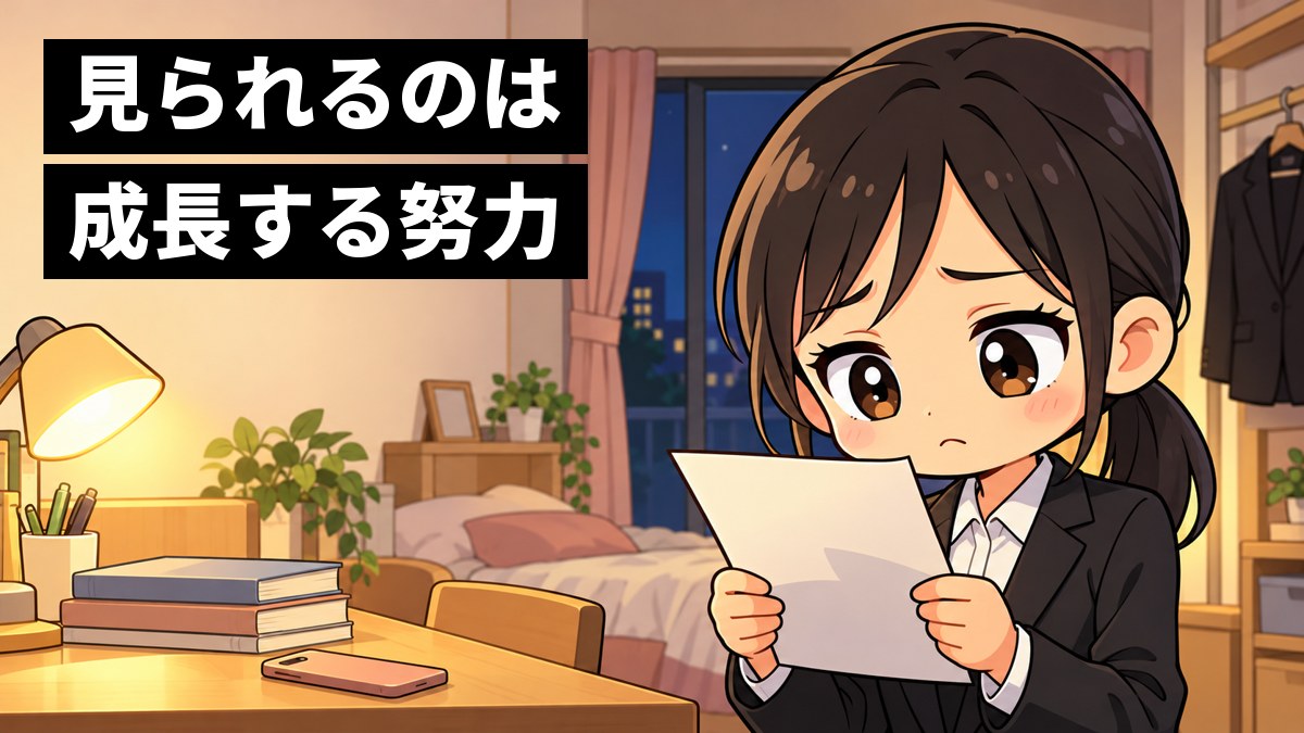 夜のアパートの部屋で、就職活動のスーツを着た女子大学生が、原稿を手に読む練習をして、うまく読めずにしょんぼりしている。「見られるのは成長する努力」の文字。