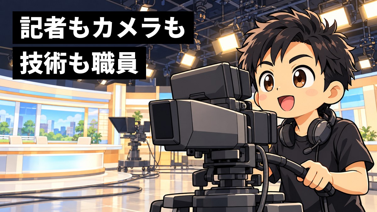 テレビのスタジオで、若い男性のカメラマンが大きなスタジオカメラに手をかけ、目を輝かせている。奥には照明と小さなセット。「記者もカメラも技術も職員」の文字。