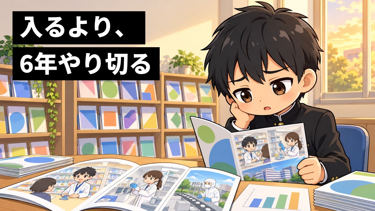 放課後の高校の進路室で、学ランの男子高校生が、机に広げた大学のパンフレットと成績の紙を前に、肩を落として途方にくれている。「入るより、6年やり切る」の文字。