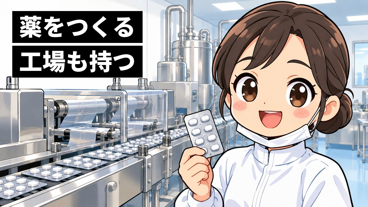 白い防じん服の若い女性の研究員が、薬の工場の中で、できあがった錠剤のシートを手にして、やり切ってほっとした笑顔を見せている。「薬をつくる工場も持つ」の文字。