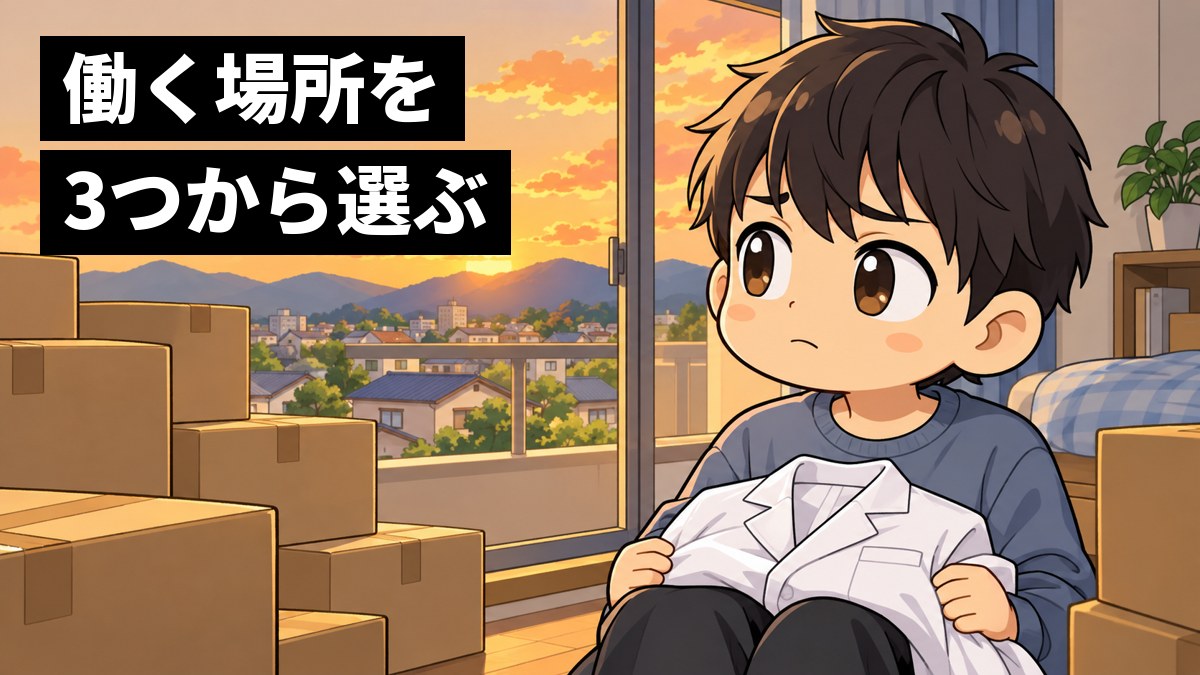 引っ越したばかりの小さな部屋で、段ボールに囲まれた新人の若い男性が、たたんだ白衣を膝に置き、窓の外の知らない町を見て、少し心細そうにしている。「働く場所を3つから選ぶ」の文字。
