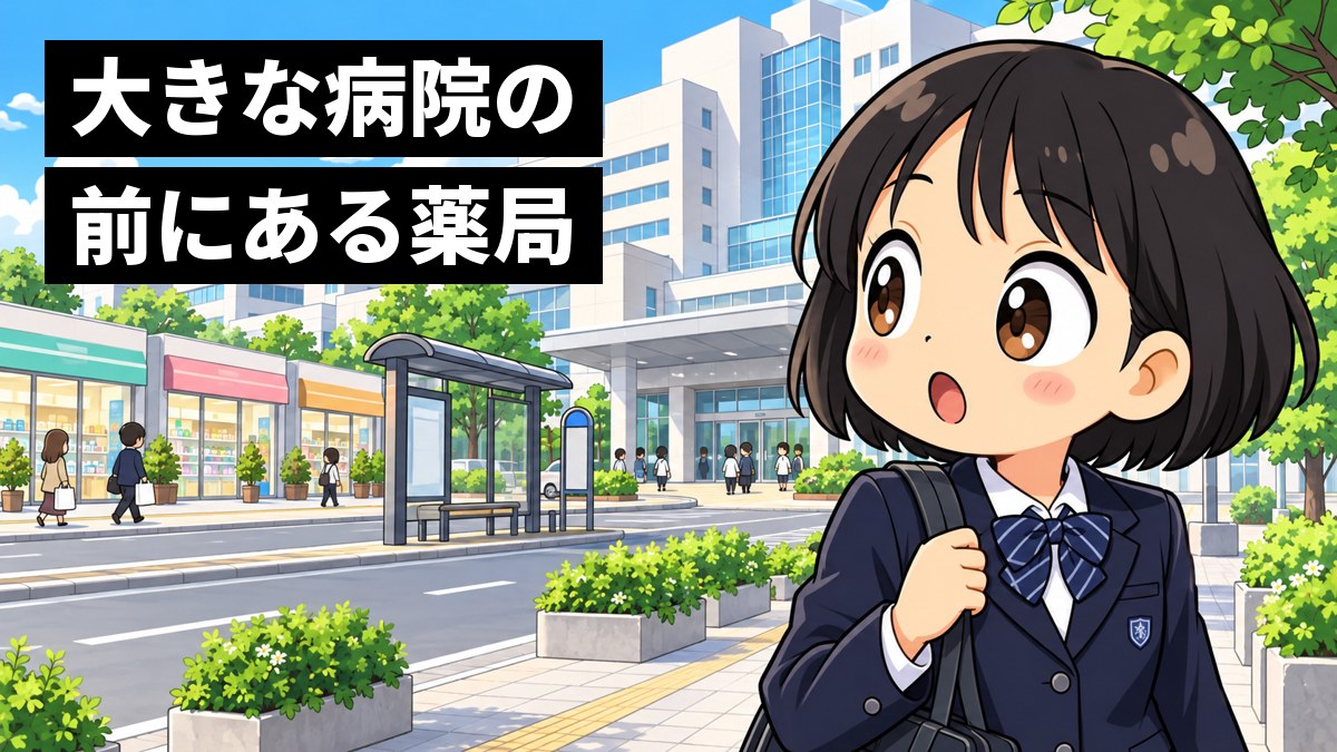 制服の女子中学生が、大きな病院の前の通りで、病院の向かいに並ぶ薬局を見て、目を丸くして驚いている。「大きな病院の前にある薬局」の文字。