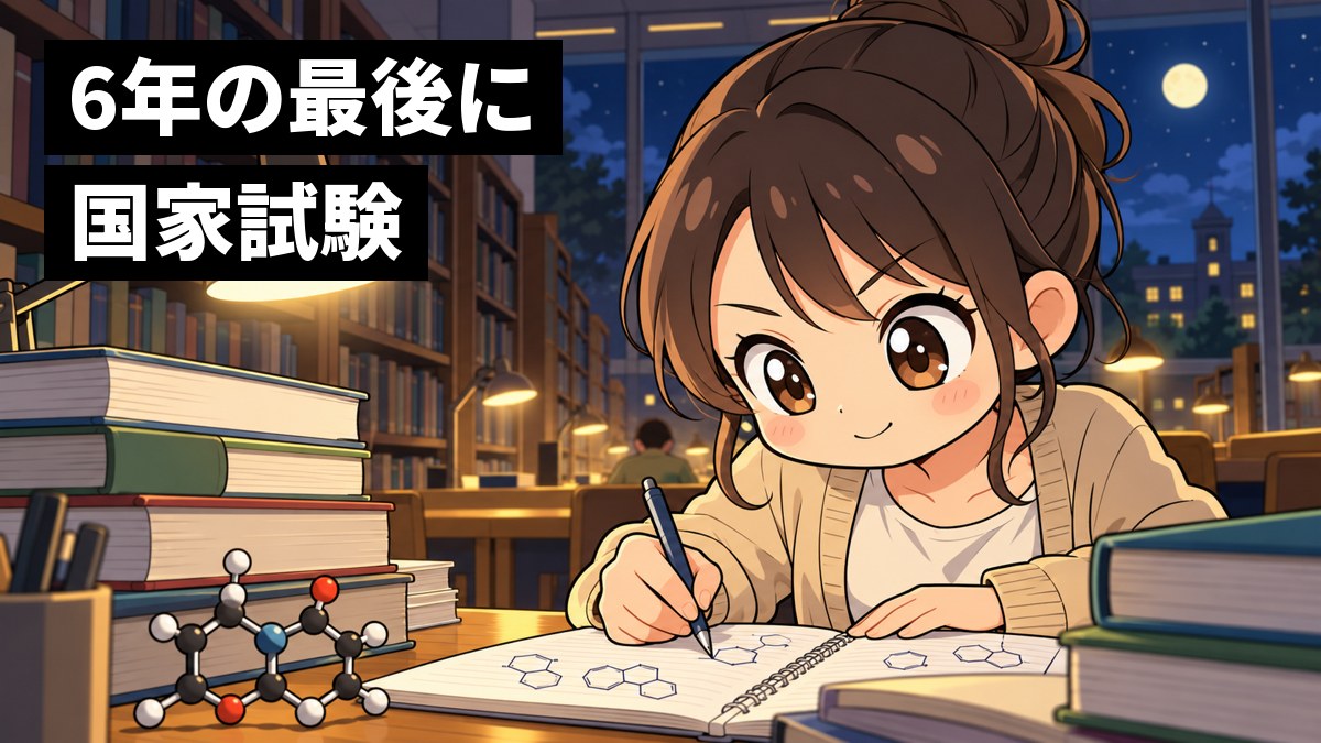 夜の大学の図書館で、薬学部の6年生の女子学生が、分厚い問題集と化学式のノートに囲まれて、夢中でペンを走らせている。「6年の最後に国家試験」の文字。