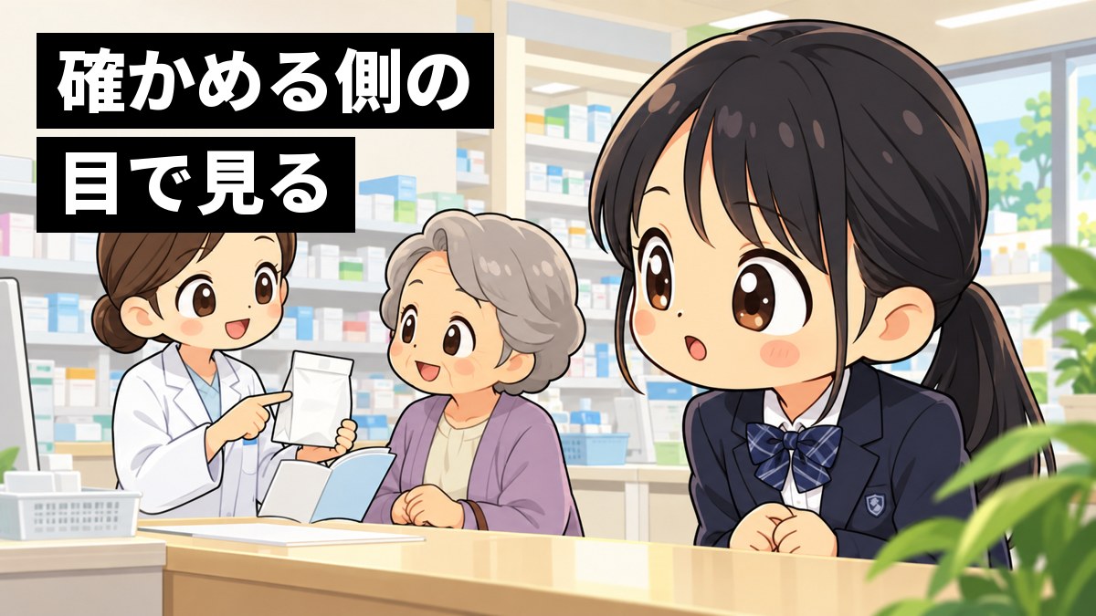 薬局のカウンターで、白衣の薬剤師がおばあちゃんにお薬手帳を見せながら薬の飲み方を説明している。そのとなりで制服の女子中学生が、目を輝かせてその様子を見つめている。「確かめる側の目で見る」の文字。