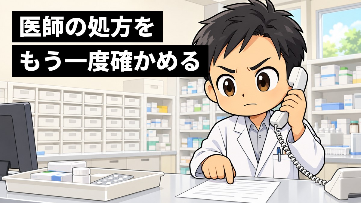 調剤薬局のカウンターの奥で、白衣の男性の薬剤師が処方箋を指でさしながら、眉を寄せたけわしい顔で電話の受話器を耳にあて、病院に問い合わせている。「医師の処方をもう一度確かめる」の文字。