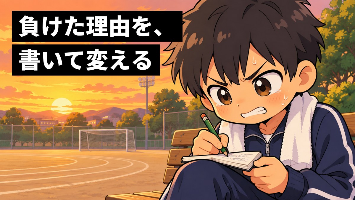 夕方の学校のグラウンドのベンチで、ジャージの男子中学生が、負けた試合の悔しさをかみしめながら、ノートに理由を書きこんでいる。「負けた理由を、書いて変える」の文字。