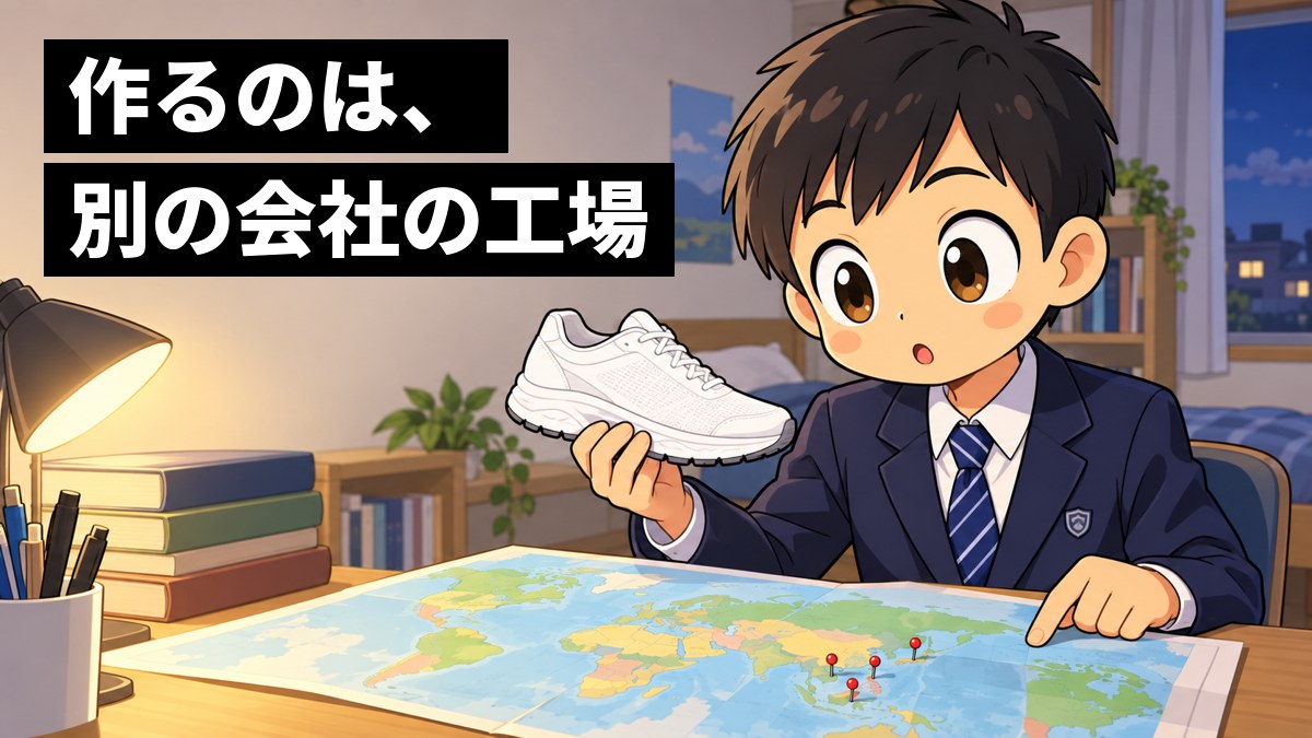 制服の男子中学生が、自分の部屋の机で世界地図とロゴのない白いランニングシューズを見比べ、意外な事実に目を丸くしている。「作るのは、別の会社の工場」の文字。