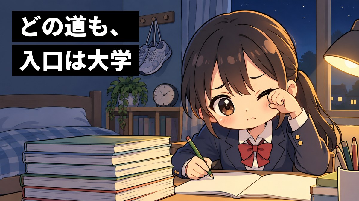 夜の自分の部屋で、ブレザーの制服の高校生の女子が、山積みの参考書を前に、疲れて目をこすりながらも机に向かっている。「どの道も、入口は大学」の文字。