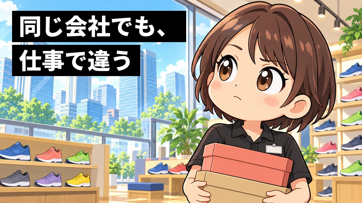 スポーツ用品店の売り場で、若い女性の店員が靴の箱を抱えたまま、窓の外のオフィスビルを見上げて、真剣に考えている。「同じ会社でも、仕事で違う」の文字。