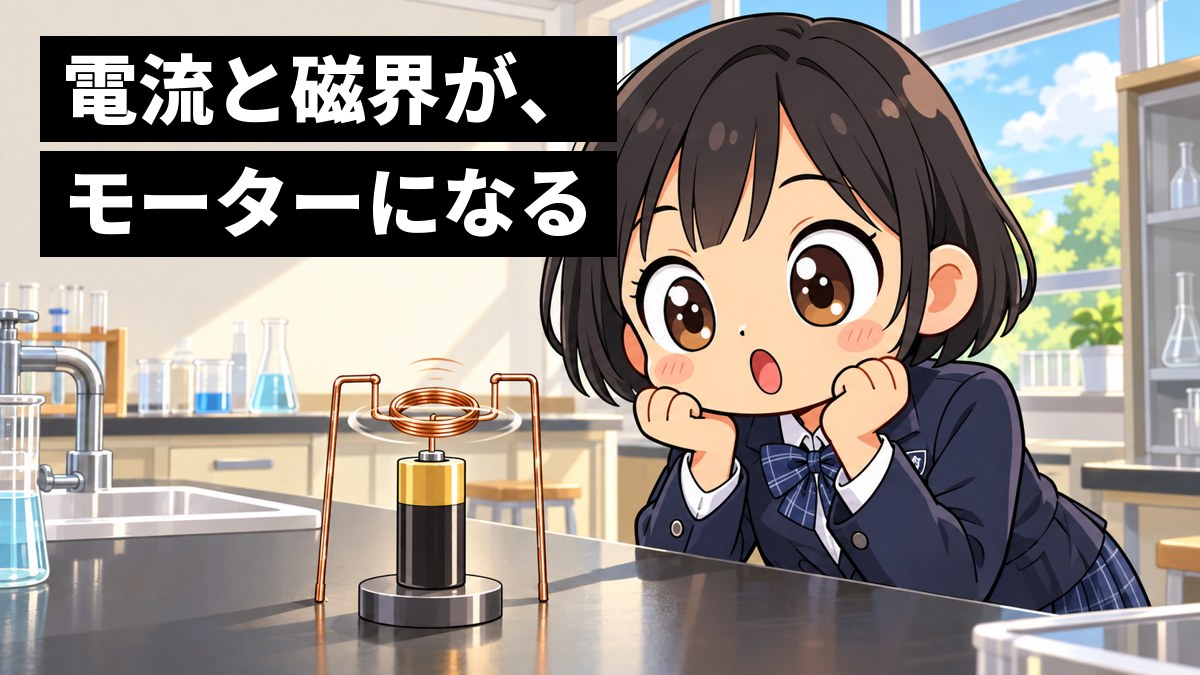理科室で、制服の女子中学生が、乾電池と自分で巻いたコイルの簡単なモーターが回りだすのを、目を見開いて夢中で見つめている。「電流と磁界が、モーターになる」の文字。